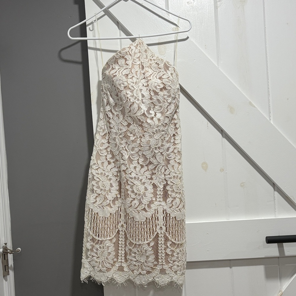 Lace strapless white mini dress